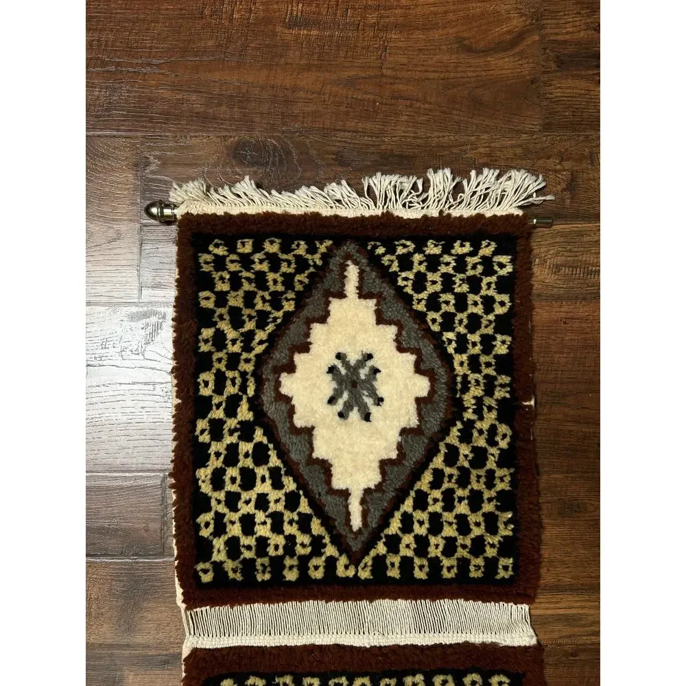 Vintage Wool Wall Hanging Crewel – Geometric Double Panel Tapestry with Fringe